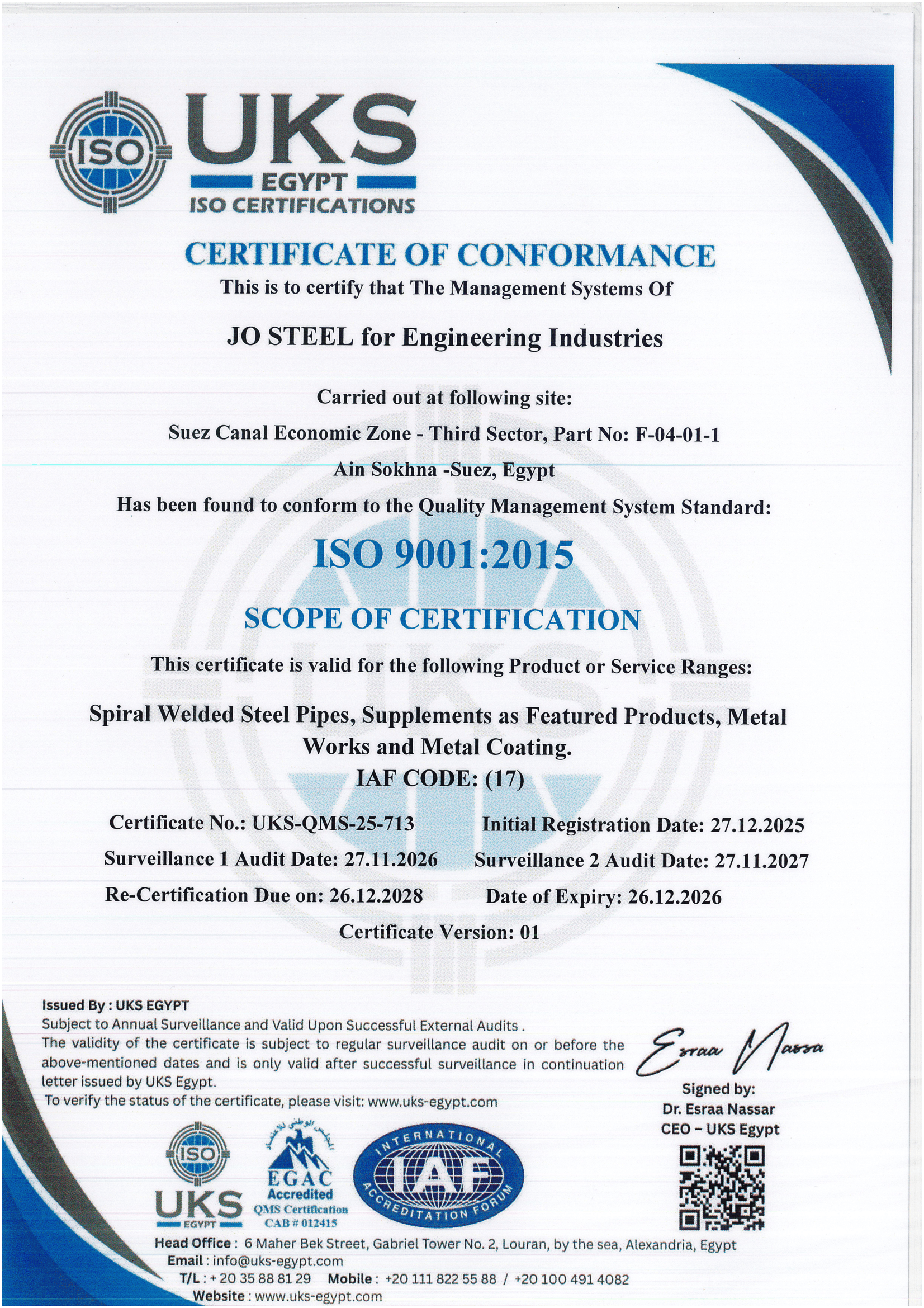 Certificate of Honor — Quality Excellence